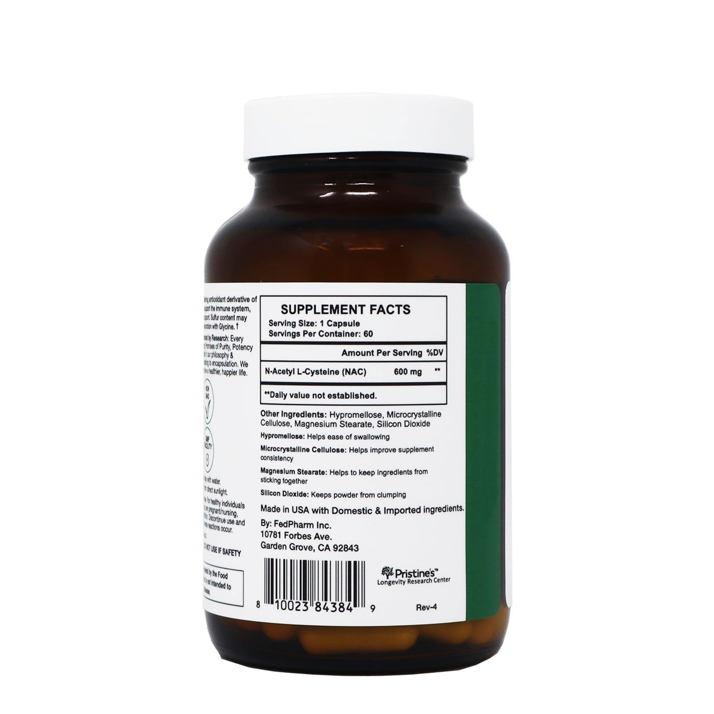 PRISTINE'S N-Acetyl L-Cysteine (NAC) 600MG Capsule, 1 Count