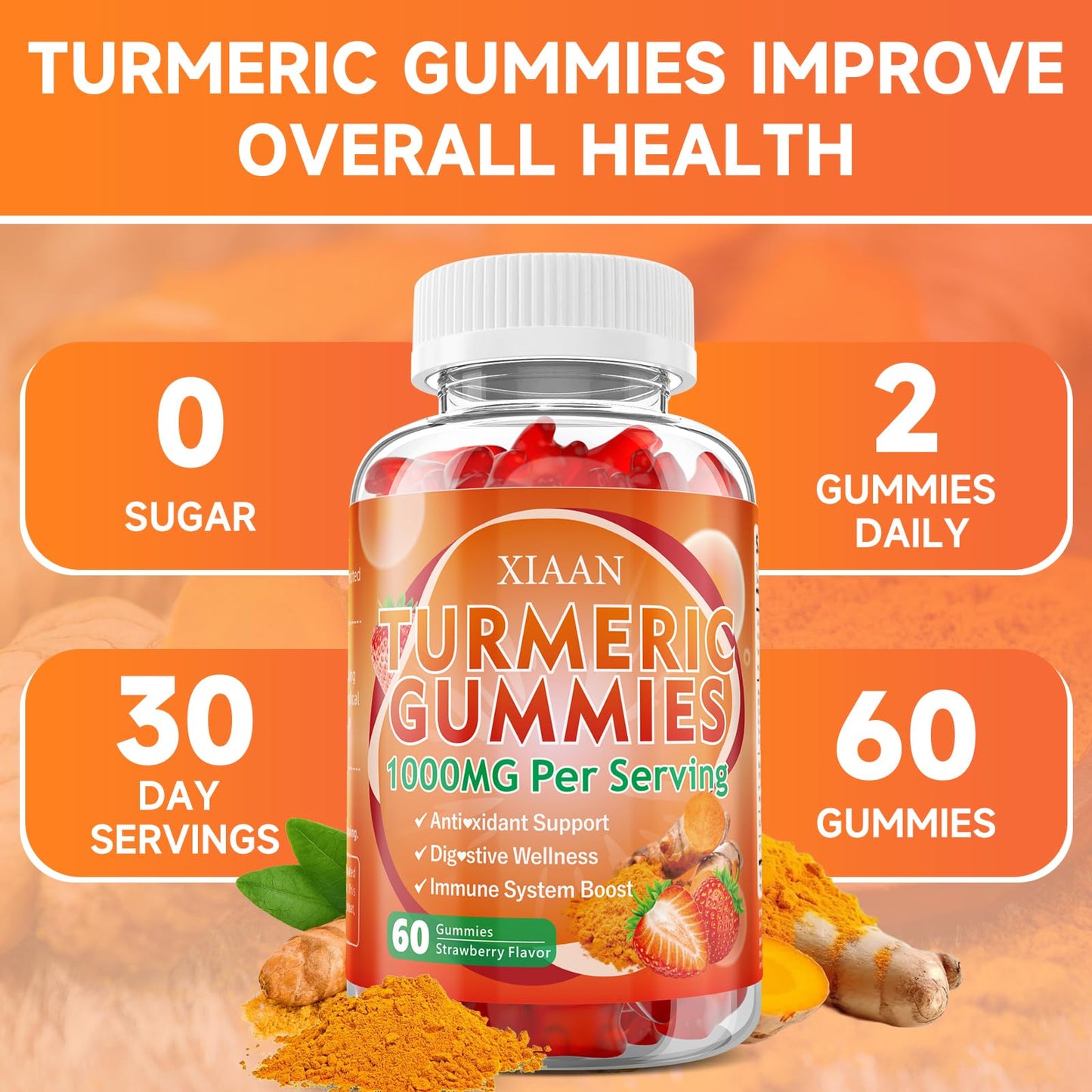 XIAAN Turmeric Gummies 1000mg, 60 Count