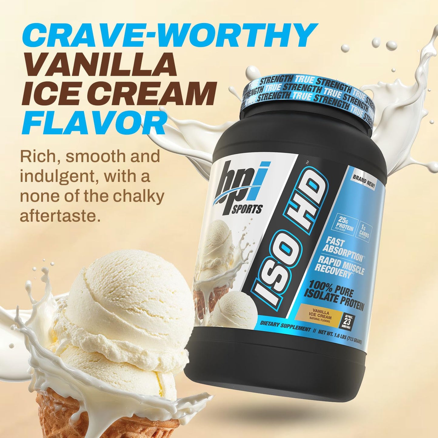BPI Sports ISO HD Whey Isolate Protein Powder, Vanilla Ice Cream, 23 Servings