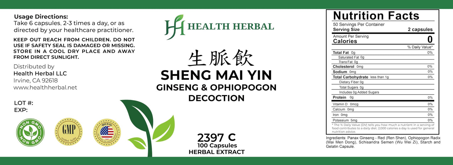 Health Herbal Sheng Mai Yin/Ginseng & Ophiopogon Decoction Capsules, 100 Capsules