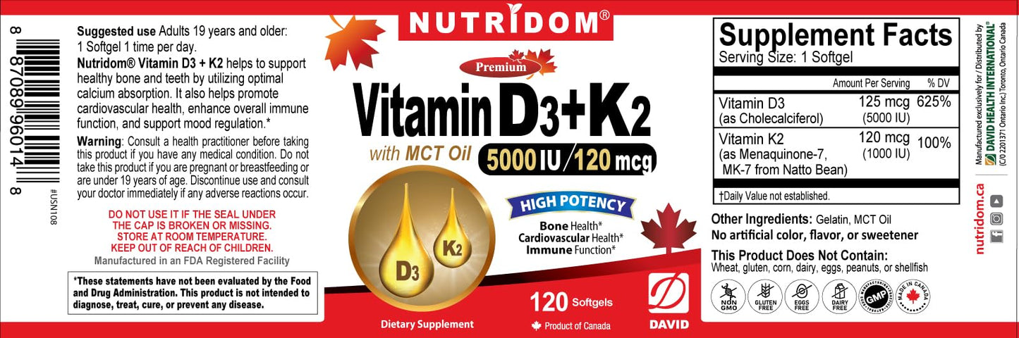 Nutridom Vitamin D3 5000 IU with K2 120 mcg Softgels, 120 Count