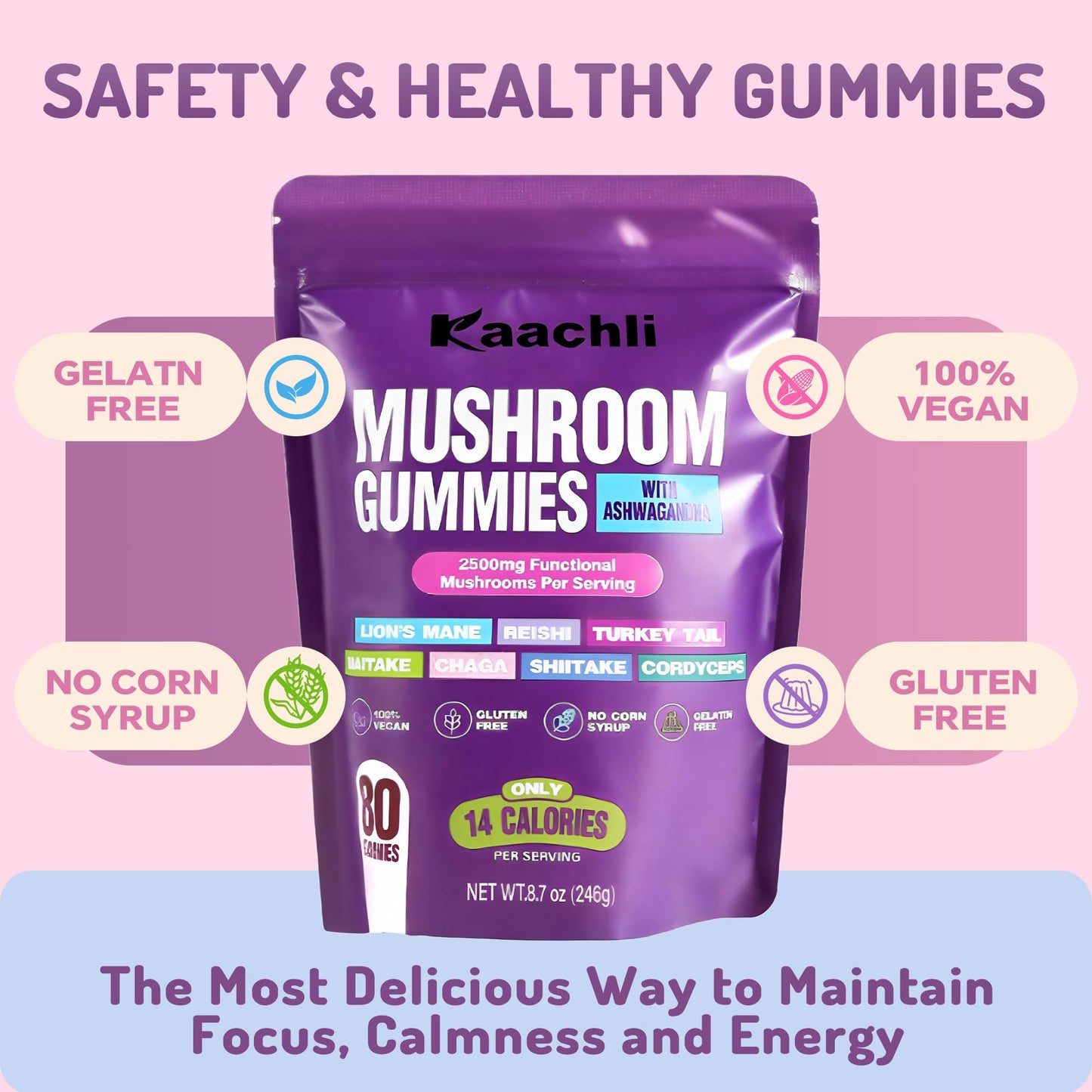 KAACHLI Ashwagandha 1000mg & Mushroom Gummies, 80 Count