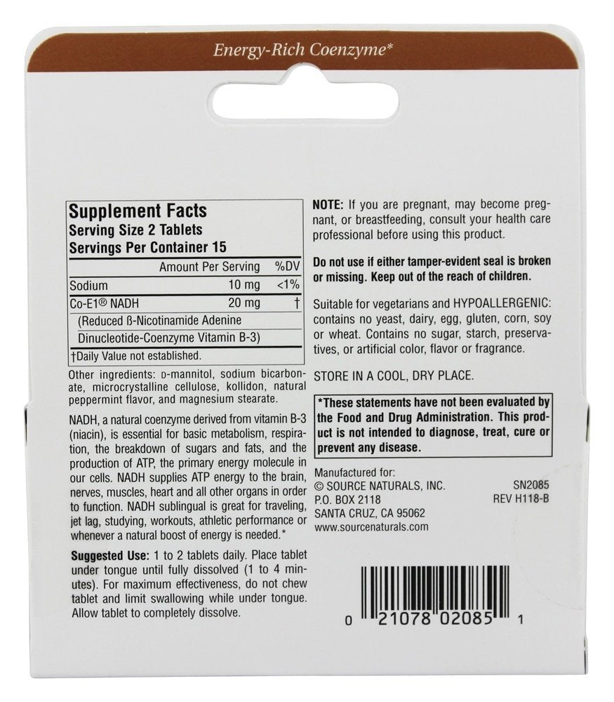 Source Naturals NADH 10mg, Boost Energy and Mental Alertness*, Lozenges, 30 Count