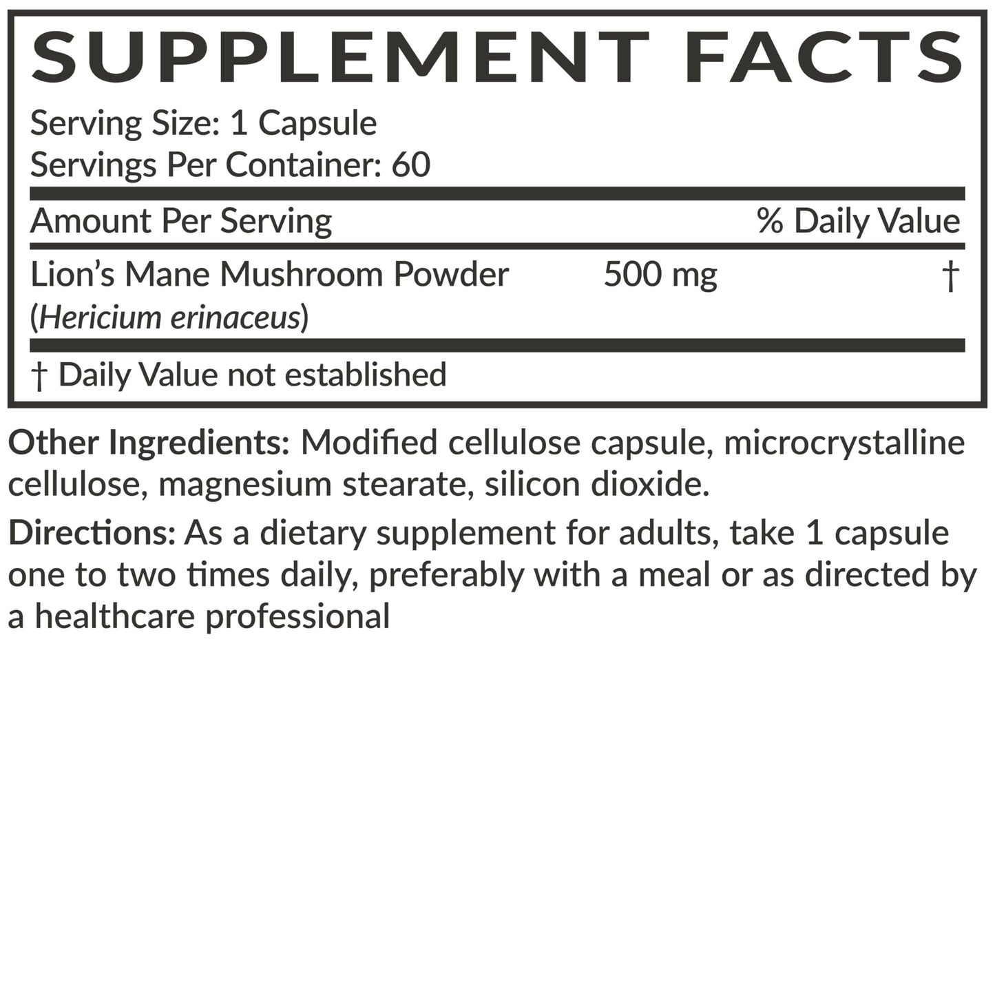 Futurebiotics Lion's Mane Mushroom 500 MG Vegan Friendly Formula, 60 Capsules