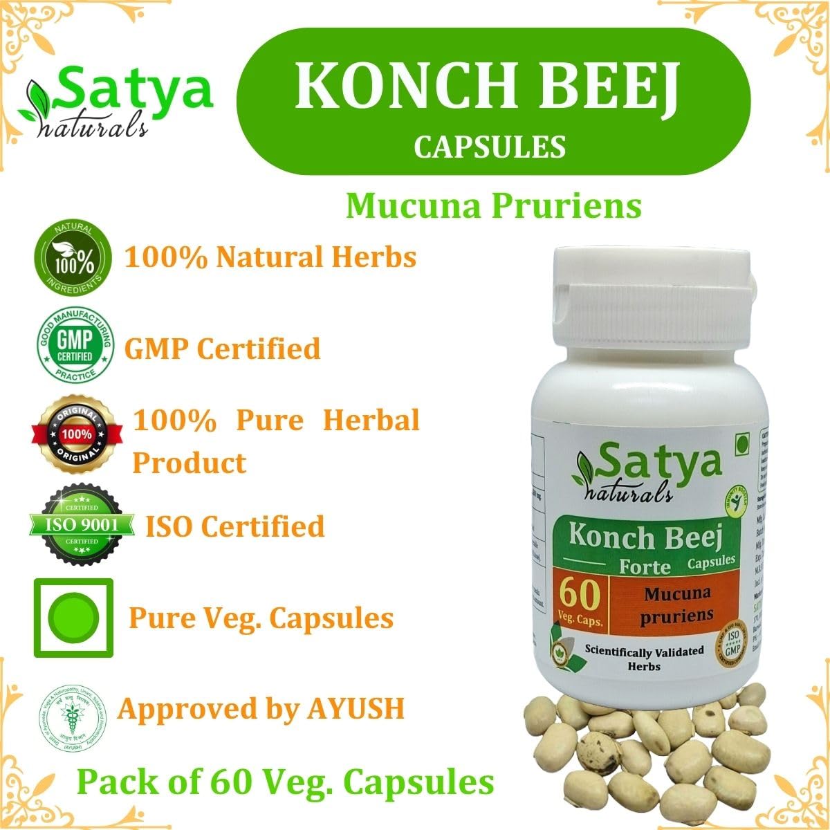 Satya Naturals Konch Beej Forte 500 mg Capsules, 60 Count