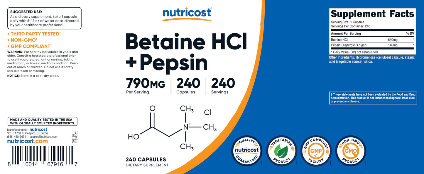 Nutricost Betaine HCl + Pepsin 790mg Capsule 720 Capsules