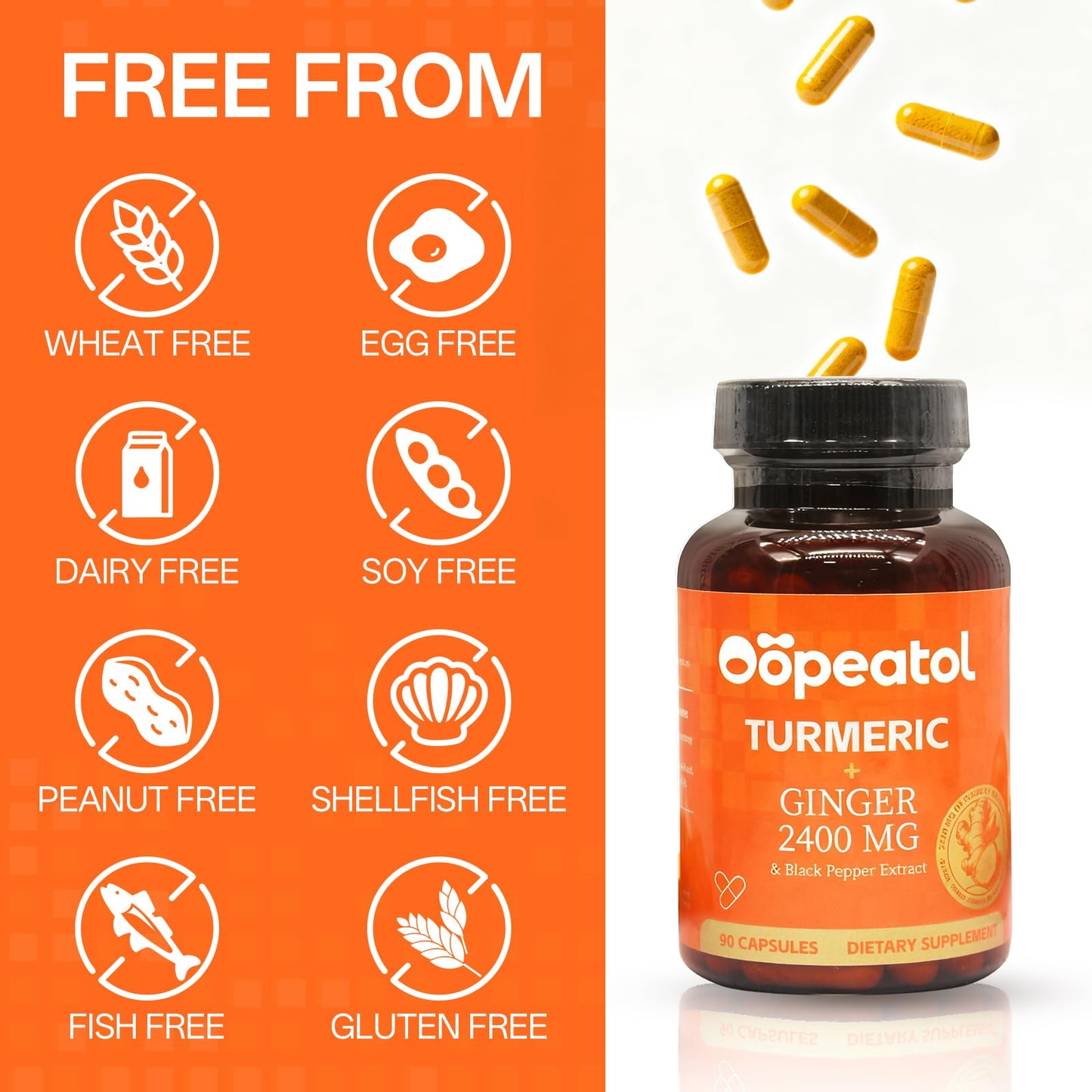 Oopeatol Turmeric Curcumin Supplement 2250mg with Black Pepper Extract 95% Curcuminoids – Joint Comfort & Immune Support for Men & Women – Antioxidant & Digestive Wellness – 90 Capsules