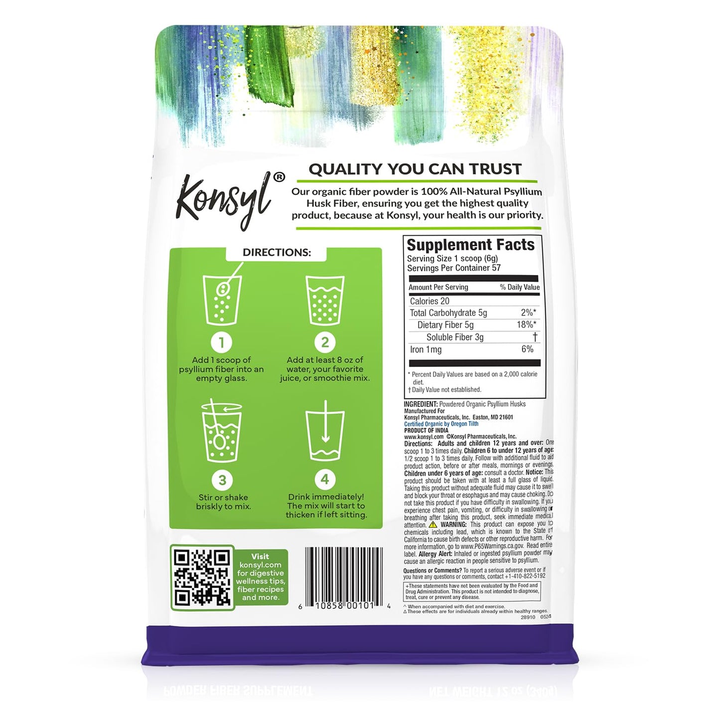 Konsyl USDA Organic Psyllium Husk Powder, 12 Ounces