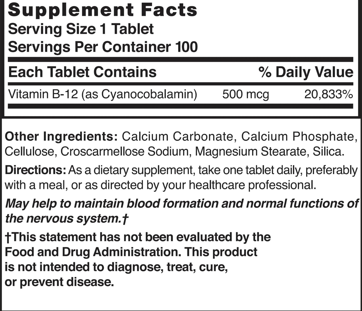 Xllent Nature's Blend Vitamin B-12 500 mcg Tablet, 100 Tablets
