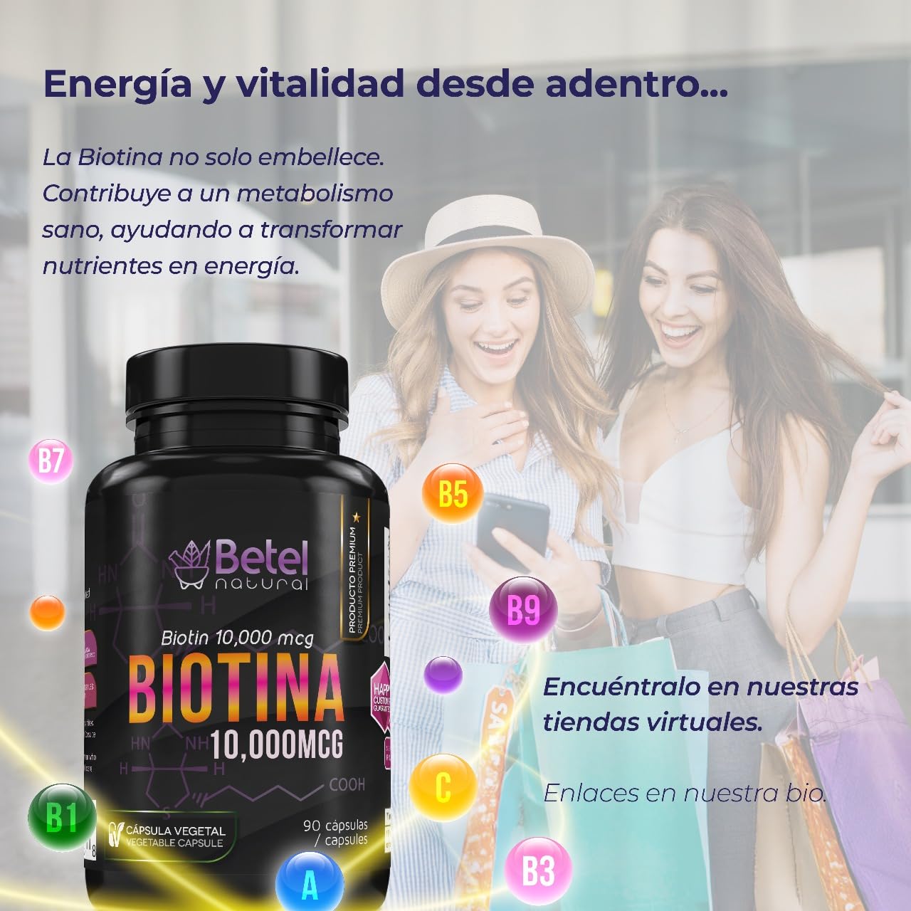 Betel Natural Biotin Capsules 10,000 mcg for Healthy Hair, Skin and Nails, 90 Capsules