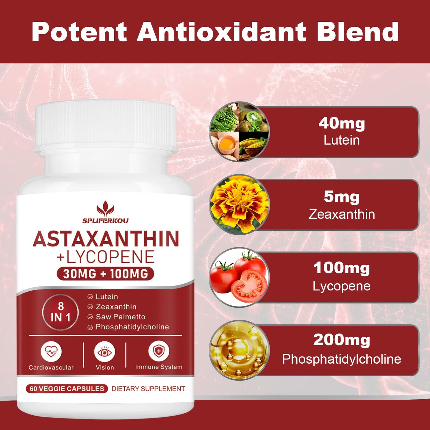 Spliferkou Astaxanthin and Lycopene 70mg, Astaxanthin Supplement with Phosphatidylcholine, Lutein and Zeaxanthin, Powerful Antioxidants for Skin, Eye and Joint Health 60 Capsules