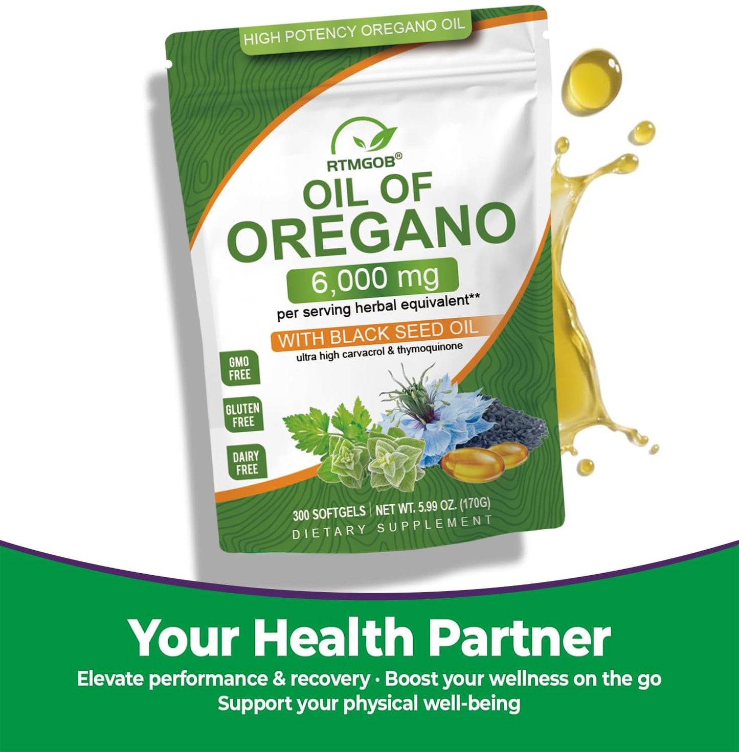 RTMGOB Oil of Oregano Softgels with Black Seed Oil, 300 Softgels