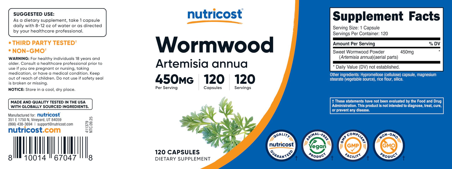 Nutricost Wormwood 450mg Capsules, 120 Count