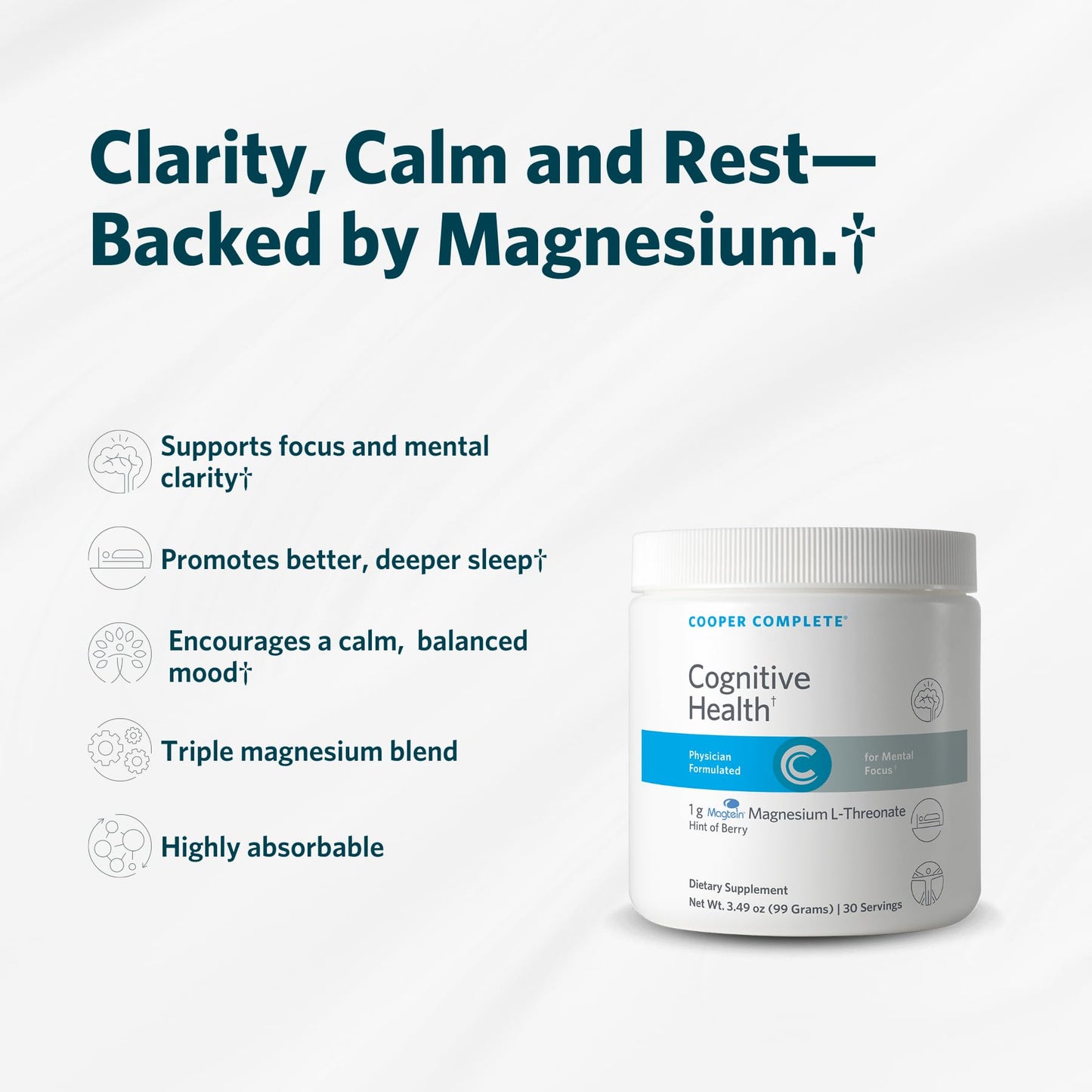 Cooper Complete Cognitive Health Magnesium L-Threonate Powder, Berry Flavor, 3.49 Ounce