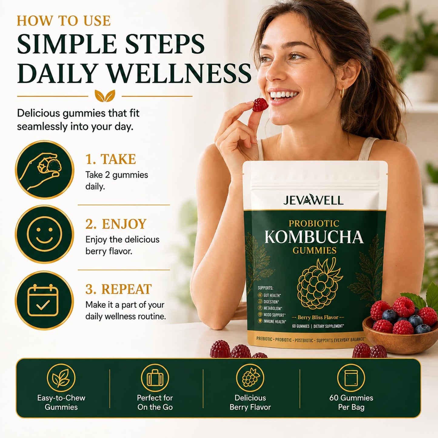 MilkyBump Jevawell Probiotic Kombucha Gummies, Prebiotic & Postbiotic Blend, 60 Gummies