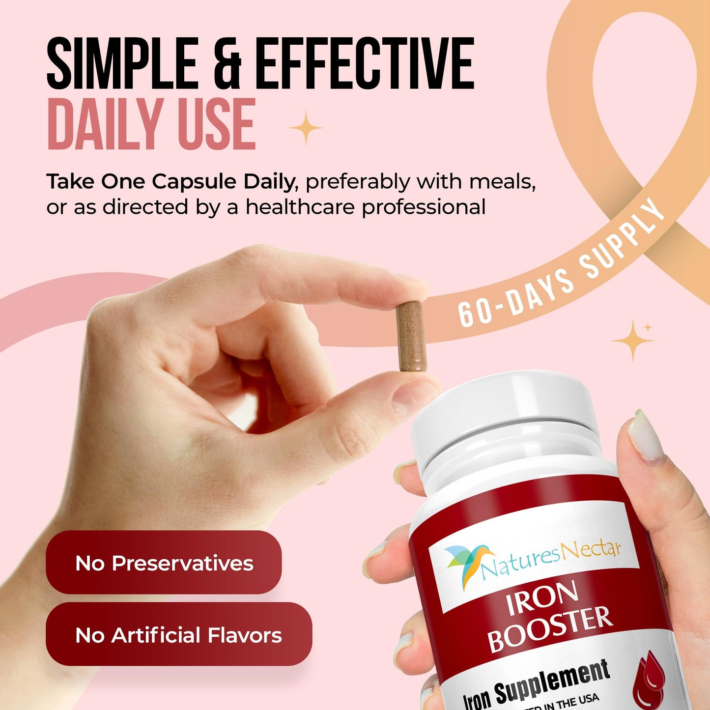 Nature's Nectar Blood Builder Iron Supplement – Slow Release Iron Capsules with Vitamin B-12, Folic Acid & Vitamin C, Supports Red Blood Cell Production, 60 Capsules