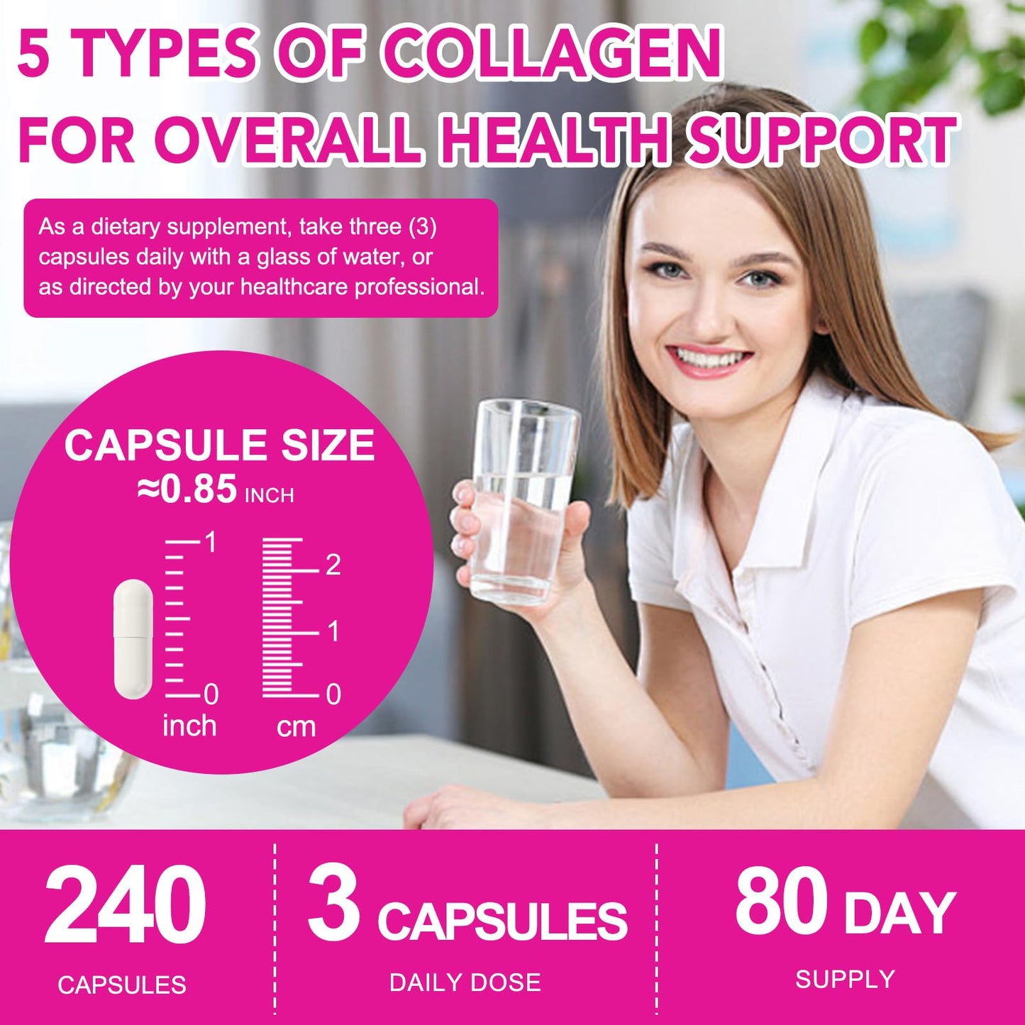 KITNOBLIS Collagen Capsules with Multi-Type Hydrolyzed Collagen Peptides, Biotin, Vitamin C & Hyaluronic Acid, 240 Capsules