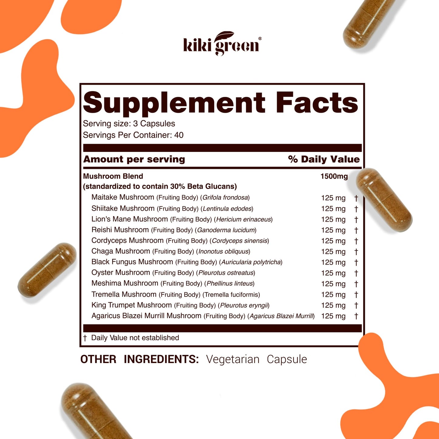 KIKI Green 12 Mushroom Supplement Capsules 120 Count