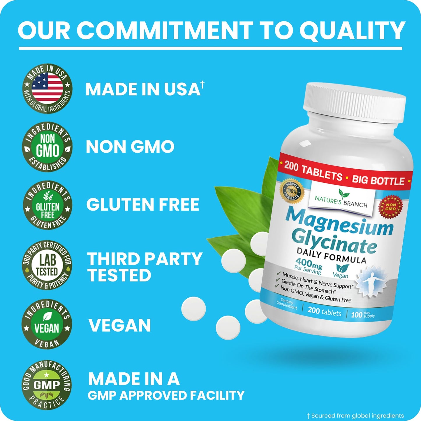 Nature's Branch Magnesium Glycinate 400mg Tablets, 200 Count
