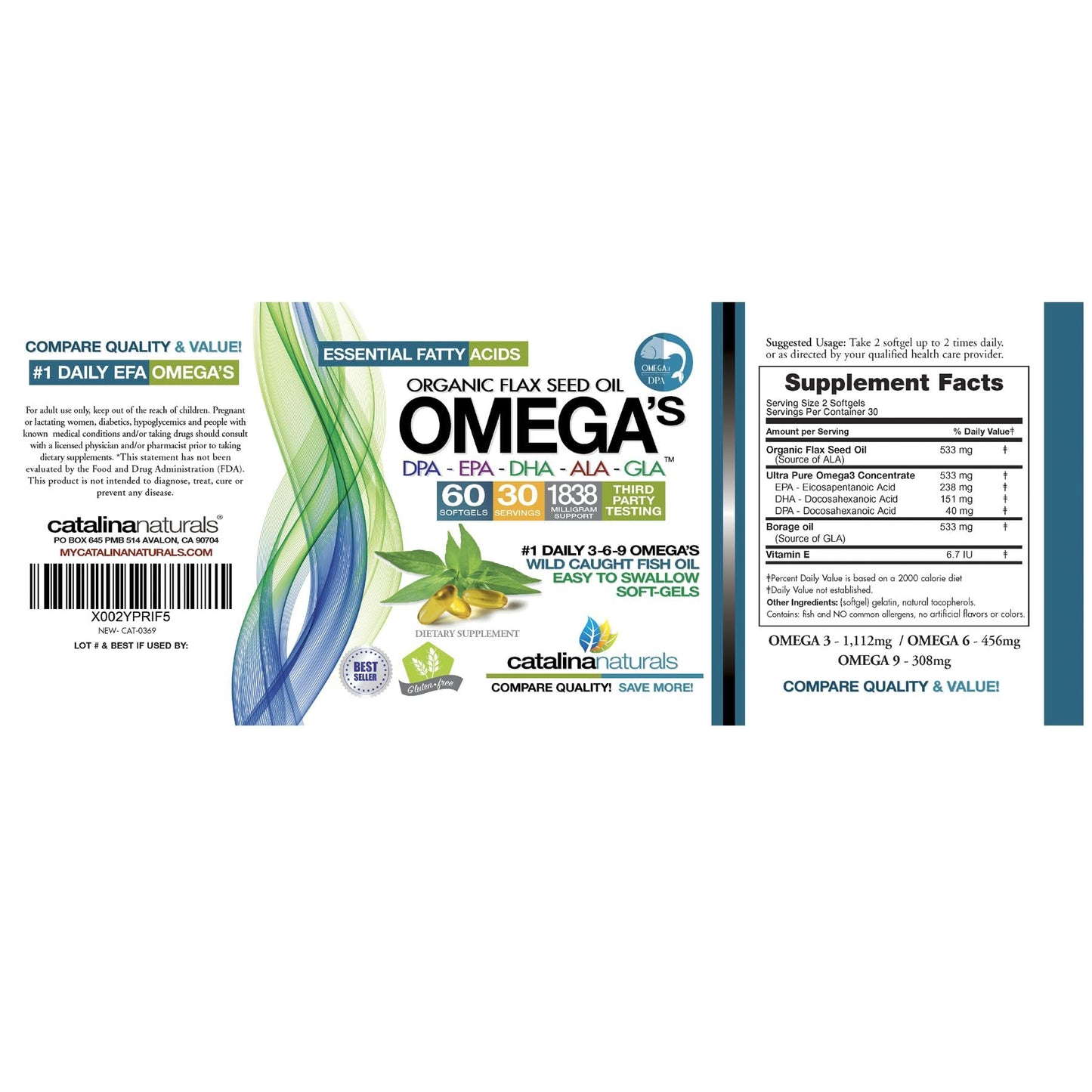 Catalina Naturals Omega 3-6-9 Blend with DPA, EPA, DHA, ALA and GLA with Borage, Fish and Organic Flax Seed Oil, 60 SoftGels