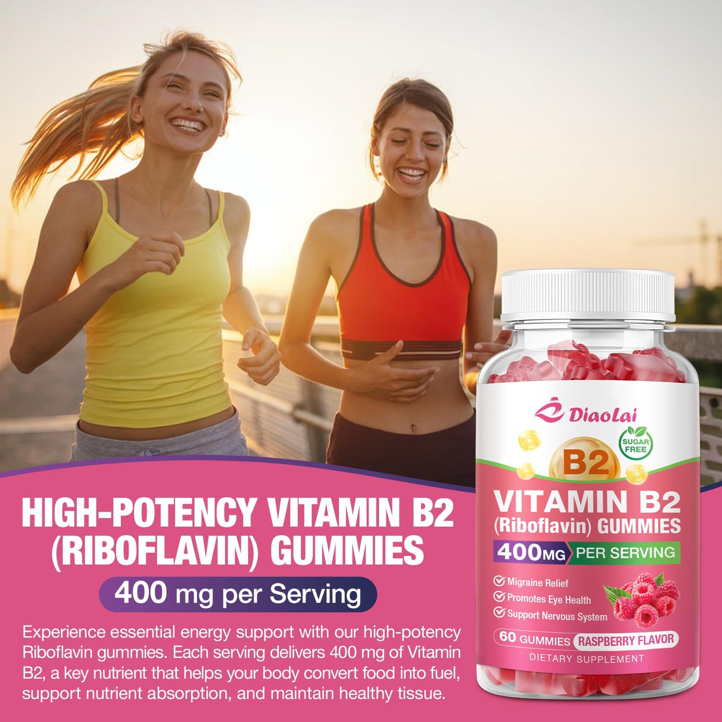 DIAOLAI Vitamin B2 Gummies Riboflavin 400mg Supplement with Magnesium for Kids & Adults, 2 Count