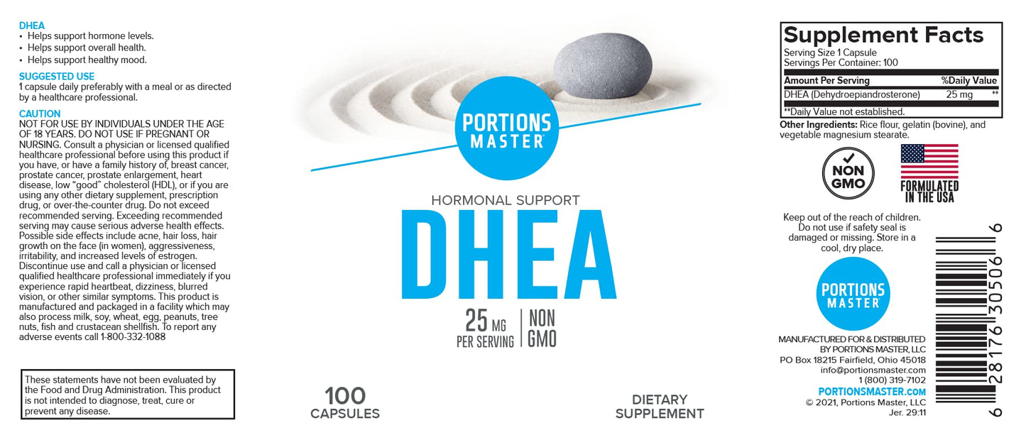 Portions Master DHEA 25mg Capsules, 100 Count