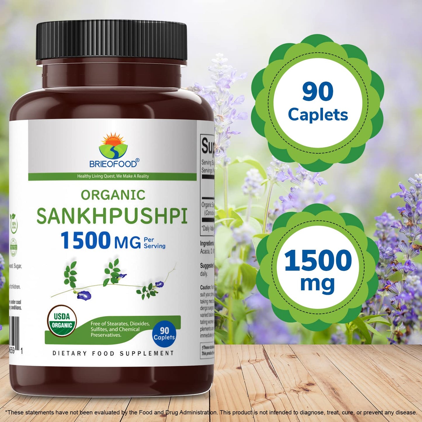 Brieofood Organic Sankhpushpi 1500mg Tablets, 90 Count