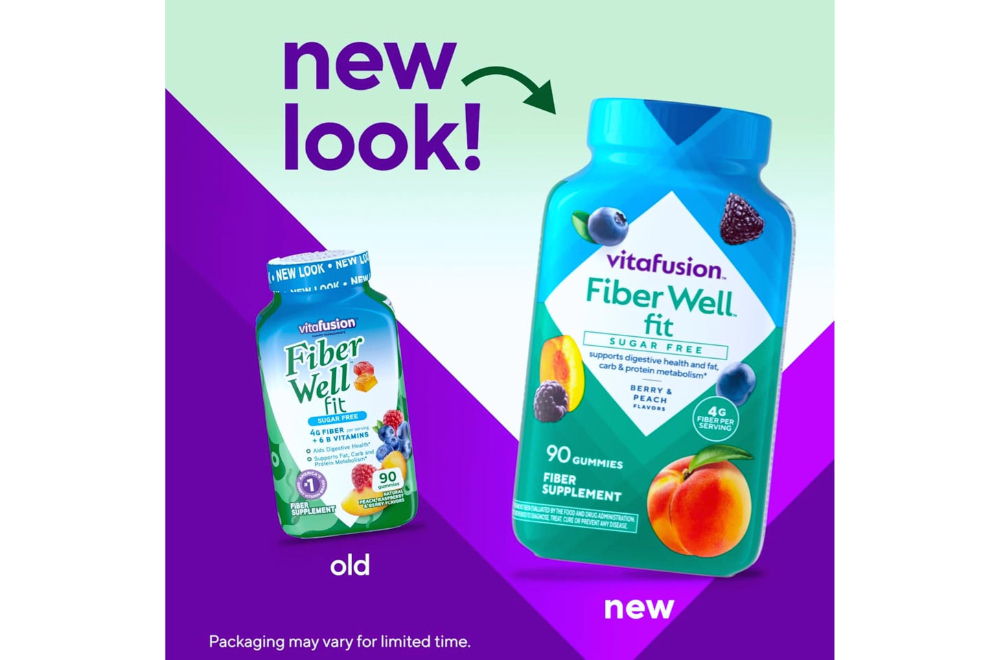 Vitafusion Fiber Well Fit Sugar Free Supplement Gummies Berry & Peach Flavors, 180 Count