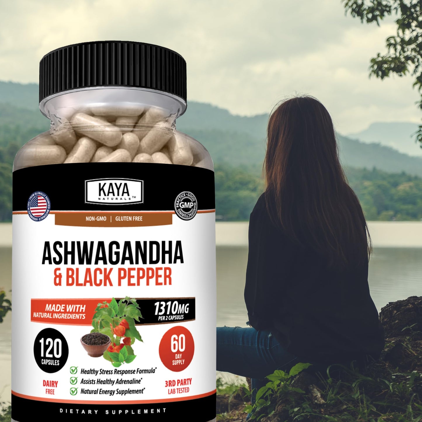 Kaya Naturals Ashwagandha 1300mg Capsules, 120 Count