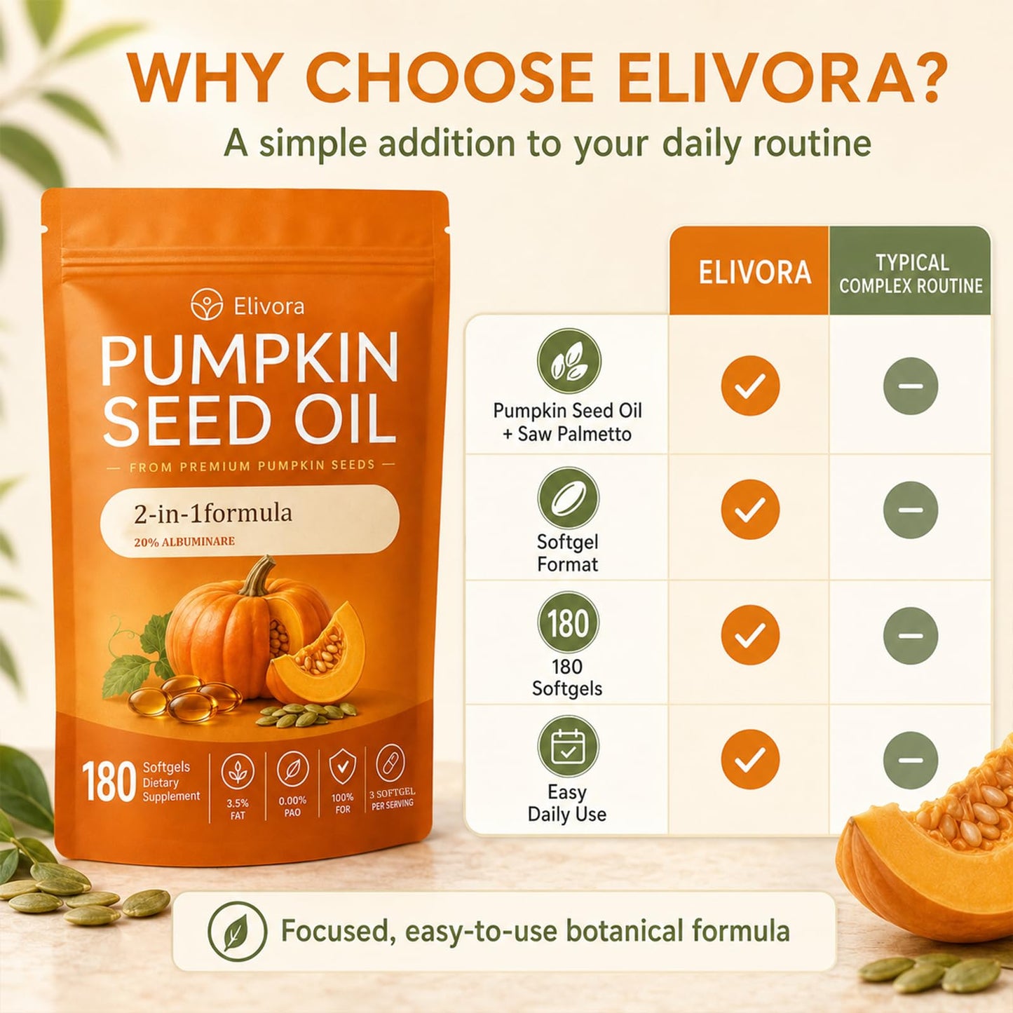 Golden Dunes Elivora Pumpkin Seed Oil Softgels with Saw Palmetto, 180 Softgels