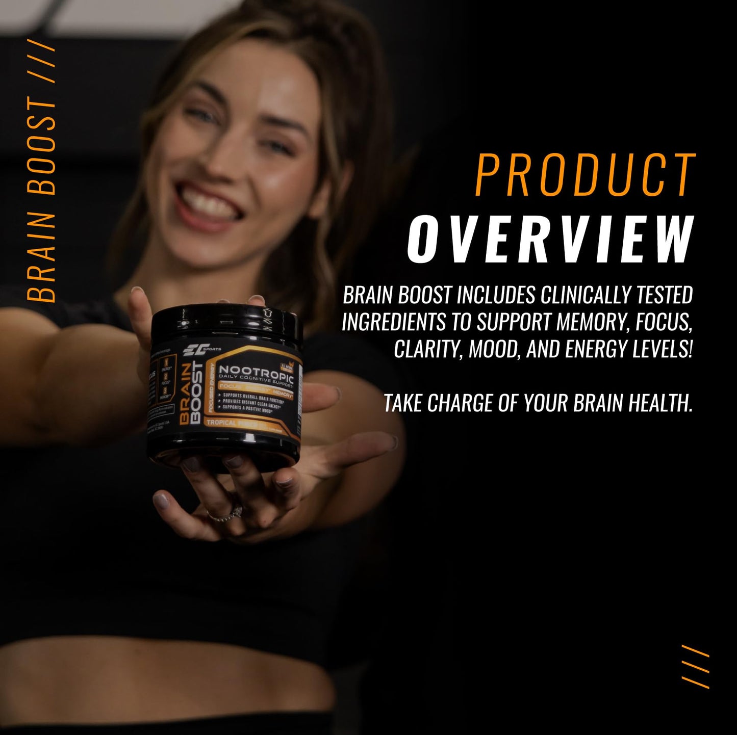 EC Sports Brain Boost Tropical Punch Nootropic Supplement for Focus, Faster Processing, Instant Energy & Performance w/ 18 Nootropics Powder, 1 oz