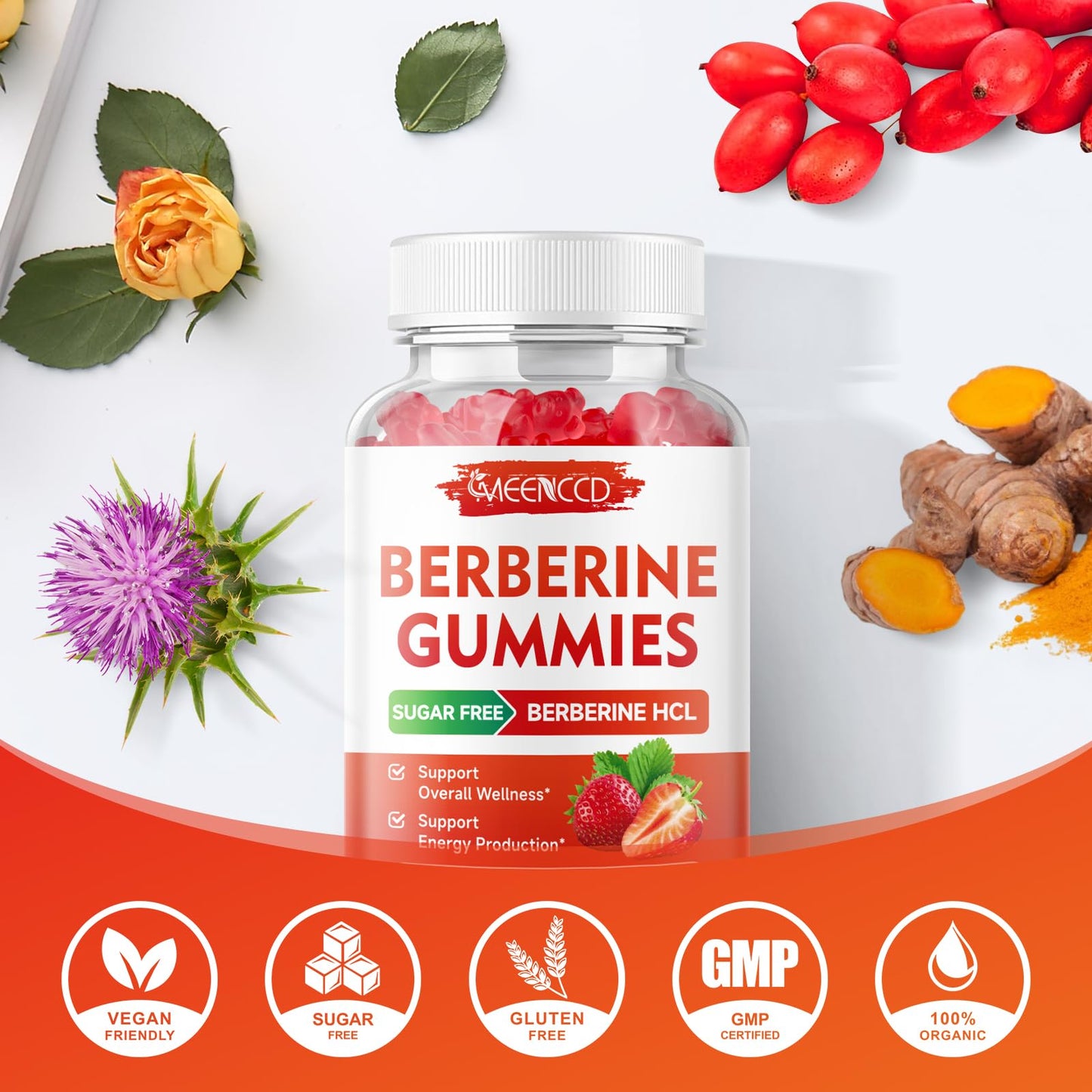 MEENCCD Berberine Gummies with Ceylon Cinnamon, Berberine HCL Immune Support, 120 Count