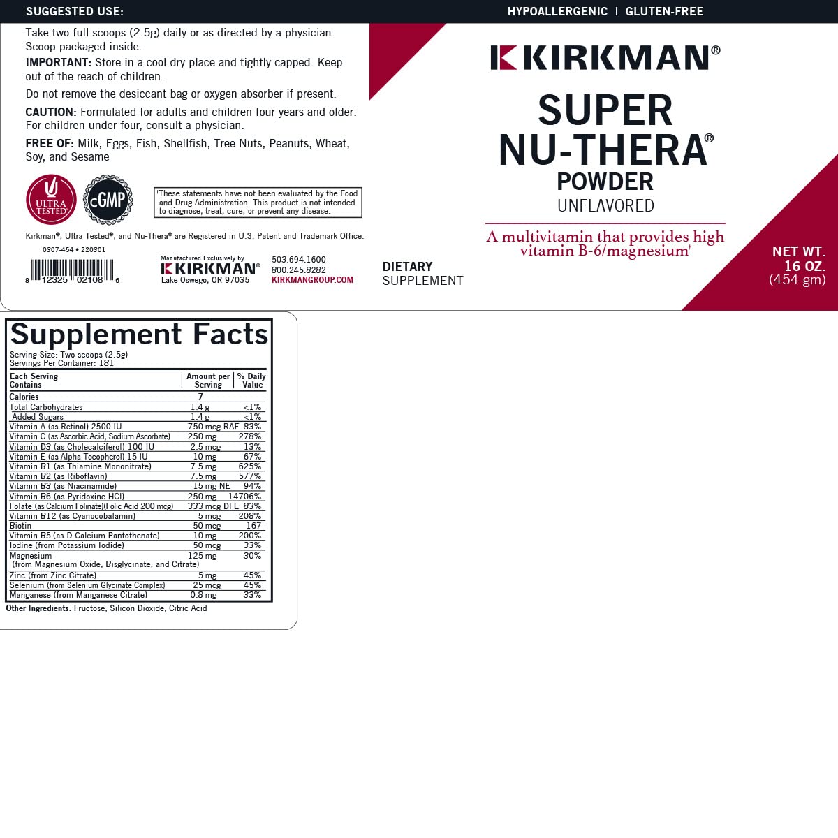 Kirkman Super Nu-Thera Powder, 16 Ounces