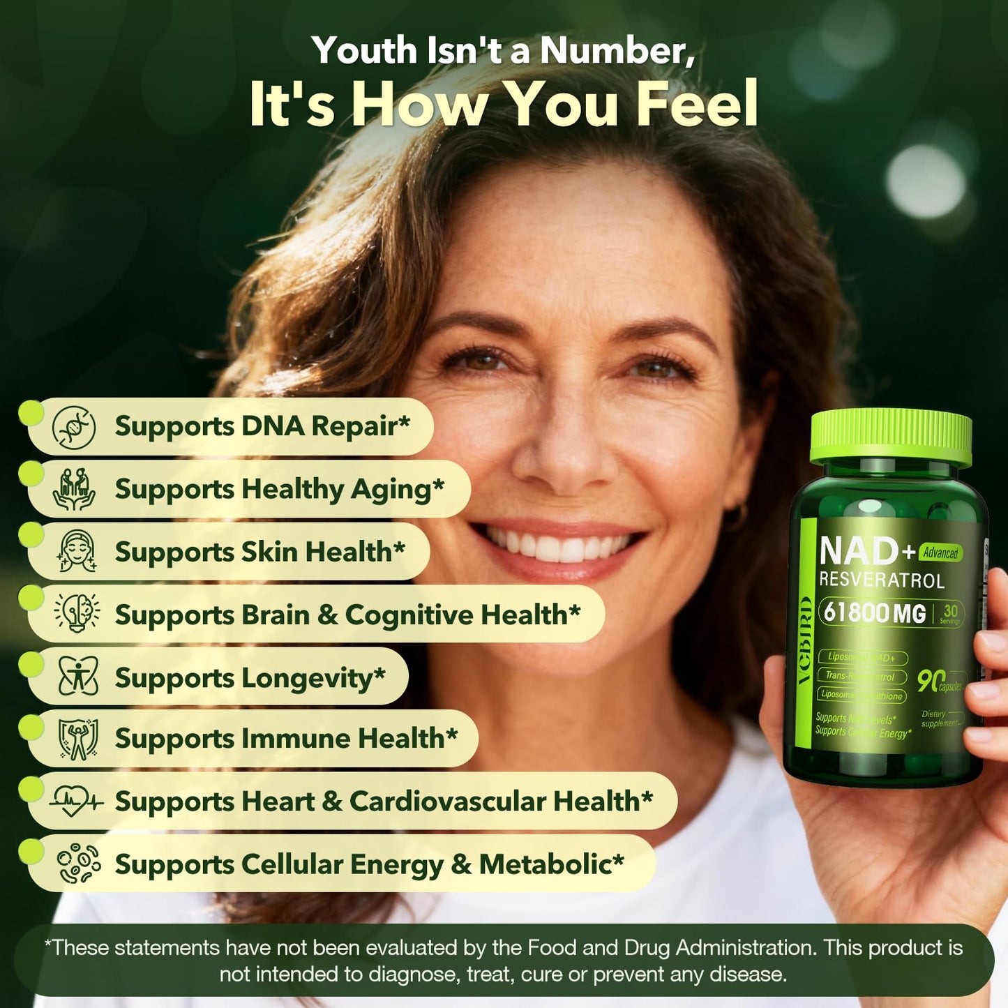 VCBIRD Liposomal NAD Supplement with Resveratrol 1200mg Per Serving – NAD Resveratrol for Women & Men – High Purity 1200mg NAD+ Supplement for Energy & Healthy Aging, Glutathione, Turmeric – 90 Capsules