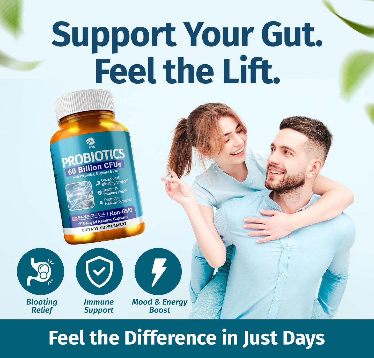 1 Body Probiotic 60 Billion with Prebiotics & Enzymes, 60 Capsules