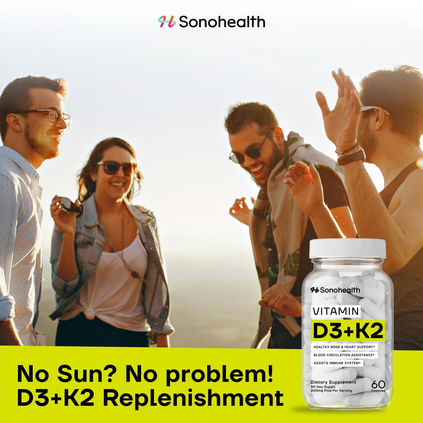 SonoHealth Vitamin D3 + K2 with BioPerine 60 Capsules