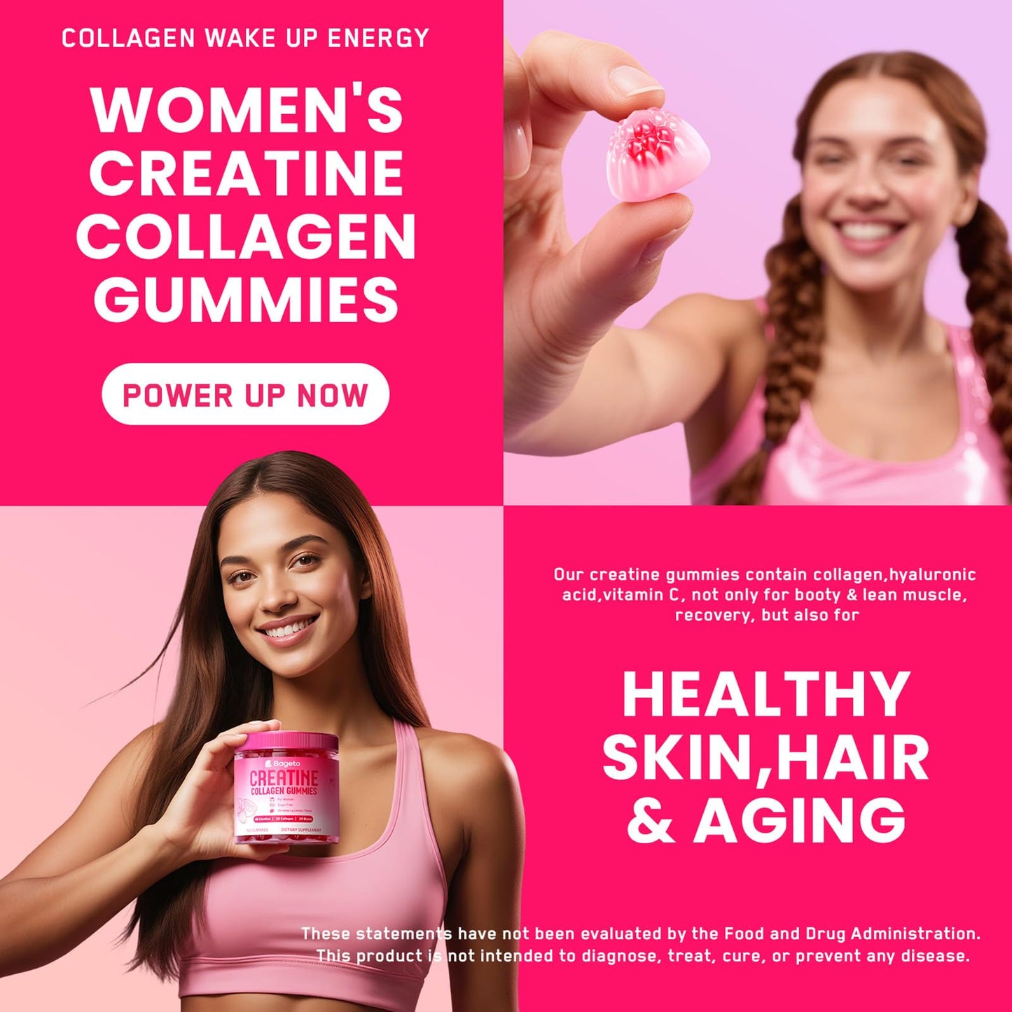 Bageto Creatine Gummies for Women with Collagen, BCAAs, Vitamin C & B12, Sugar Free, Strawberry-Lemon Flavor, 120 Gummies