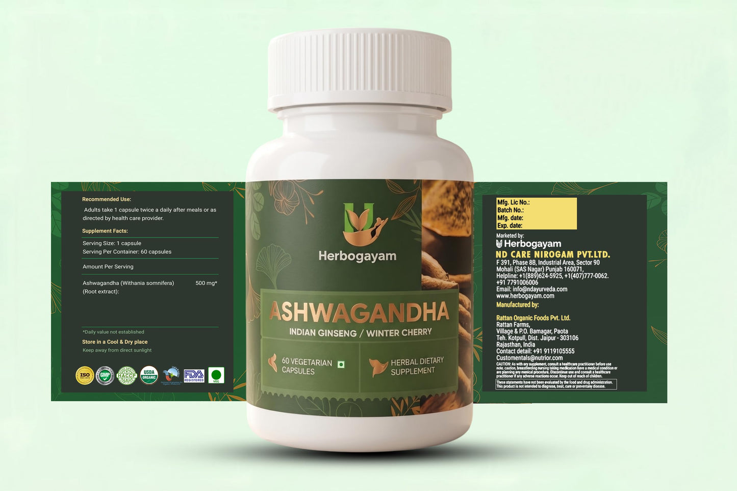 Herbogayam Ashwagandha 500mg Capsules, 60 Count