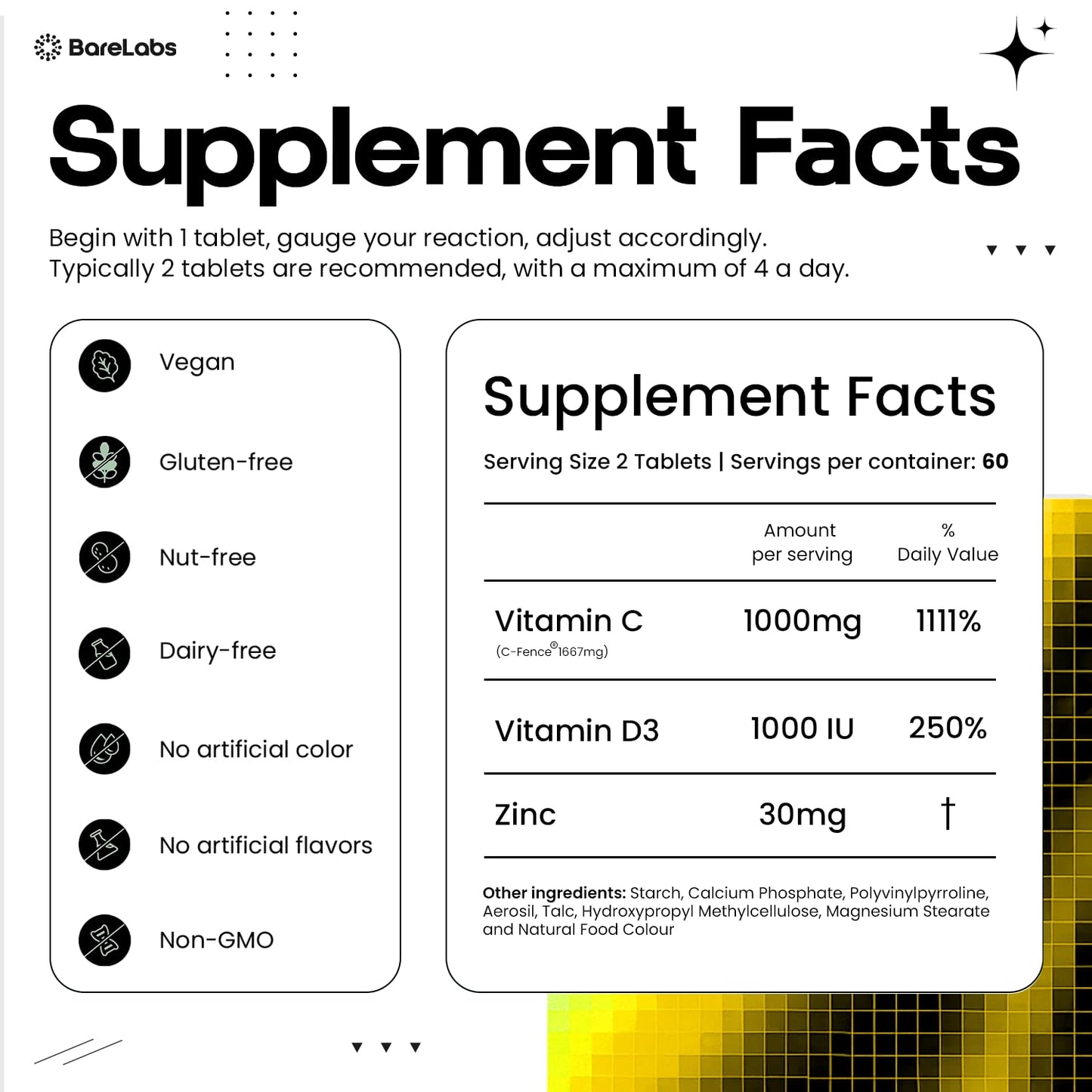 BareLabs Time Release Vitamin C 1000 mg + Vitamin D3 1000 IU + Zinc 30 mg 120 Tablets