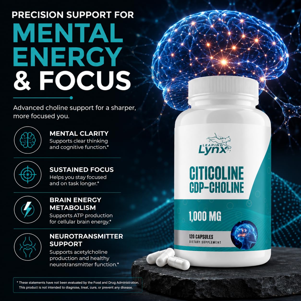 Leaping Lynx Citicoline 1000 mg (CDP Choline) Capsules, 120 Count