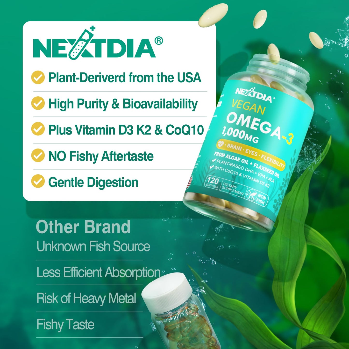 Nextdia Vegan Omega 3 D3 K2 CoQ10 Supplement Softgel 240