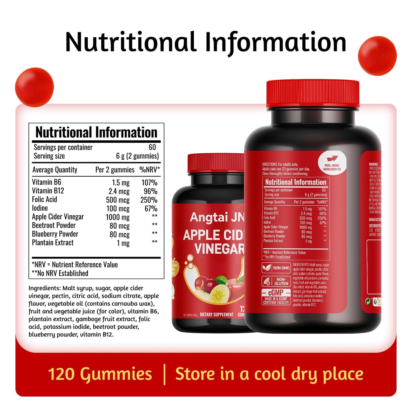Angtai JN Apple Cider Vinegar Gummies 1000mg, 120 Count