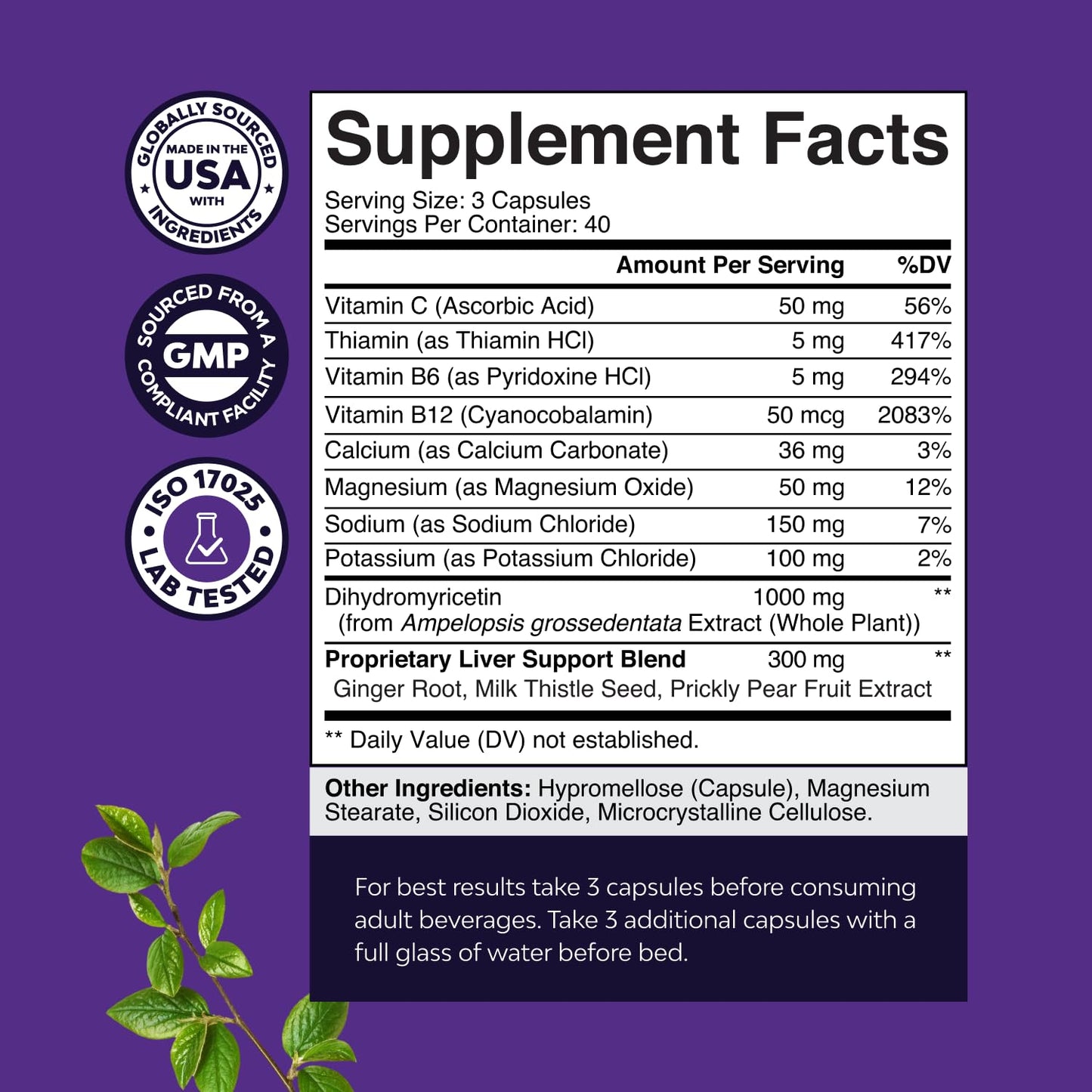 Natures Craft Re-Hydration Pills for After Drinking Recovery with Dihydromyricetin, Milk Thistle Extract, Prickly Pear & Electrolytes Capsules 120 Count