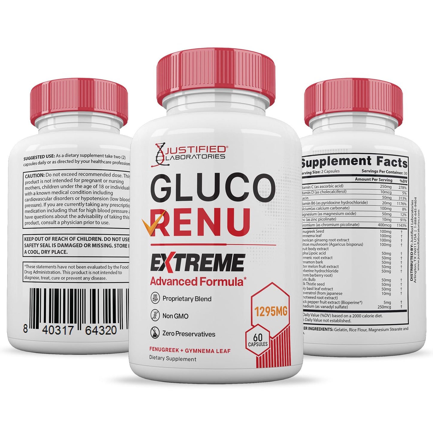 Justified Laboratories Gluco Renu Extreme 1295MG Glyco Support Capsules 300 Capsules