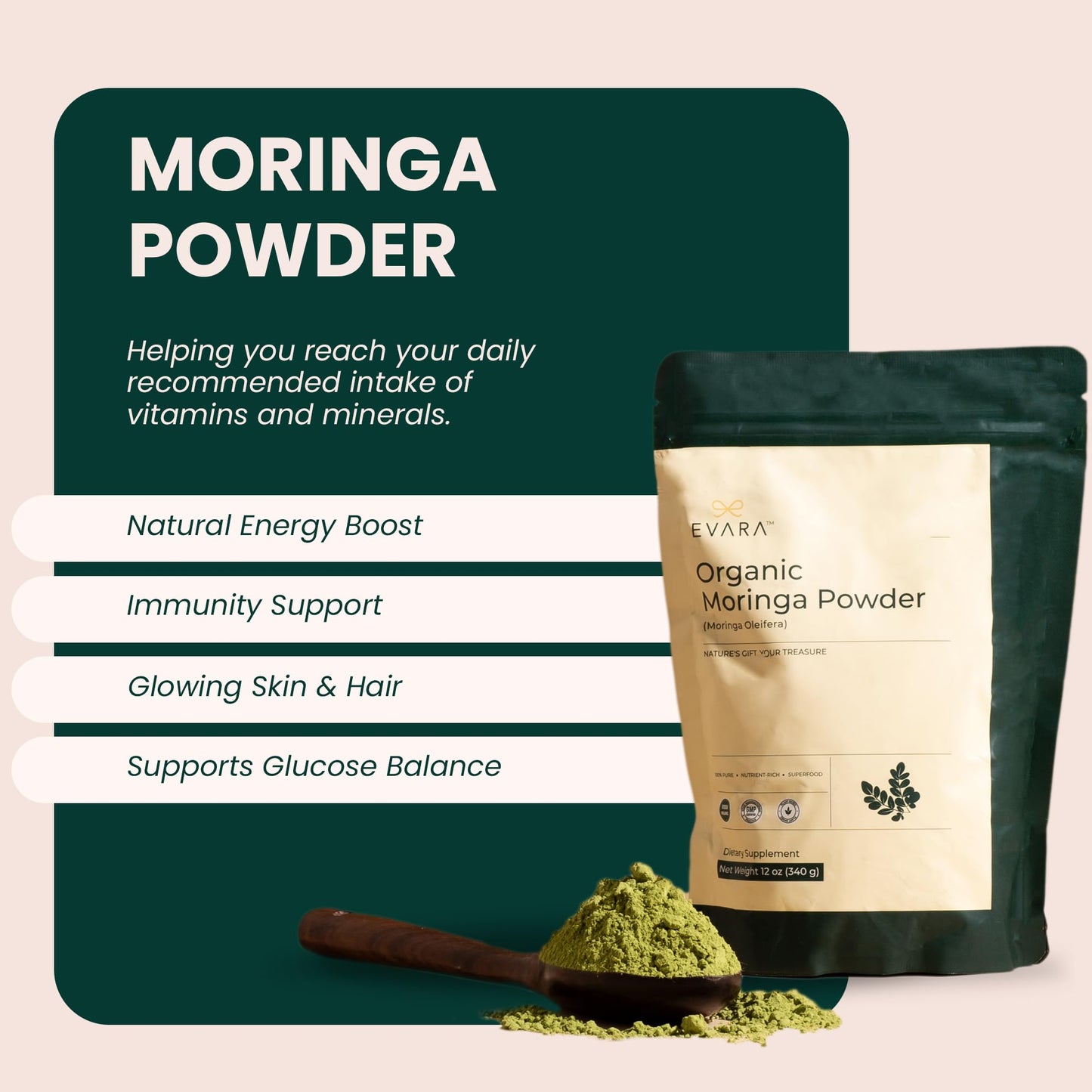 EVARA Organic Moringa Powder, 12 Ounce