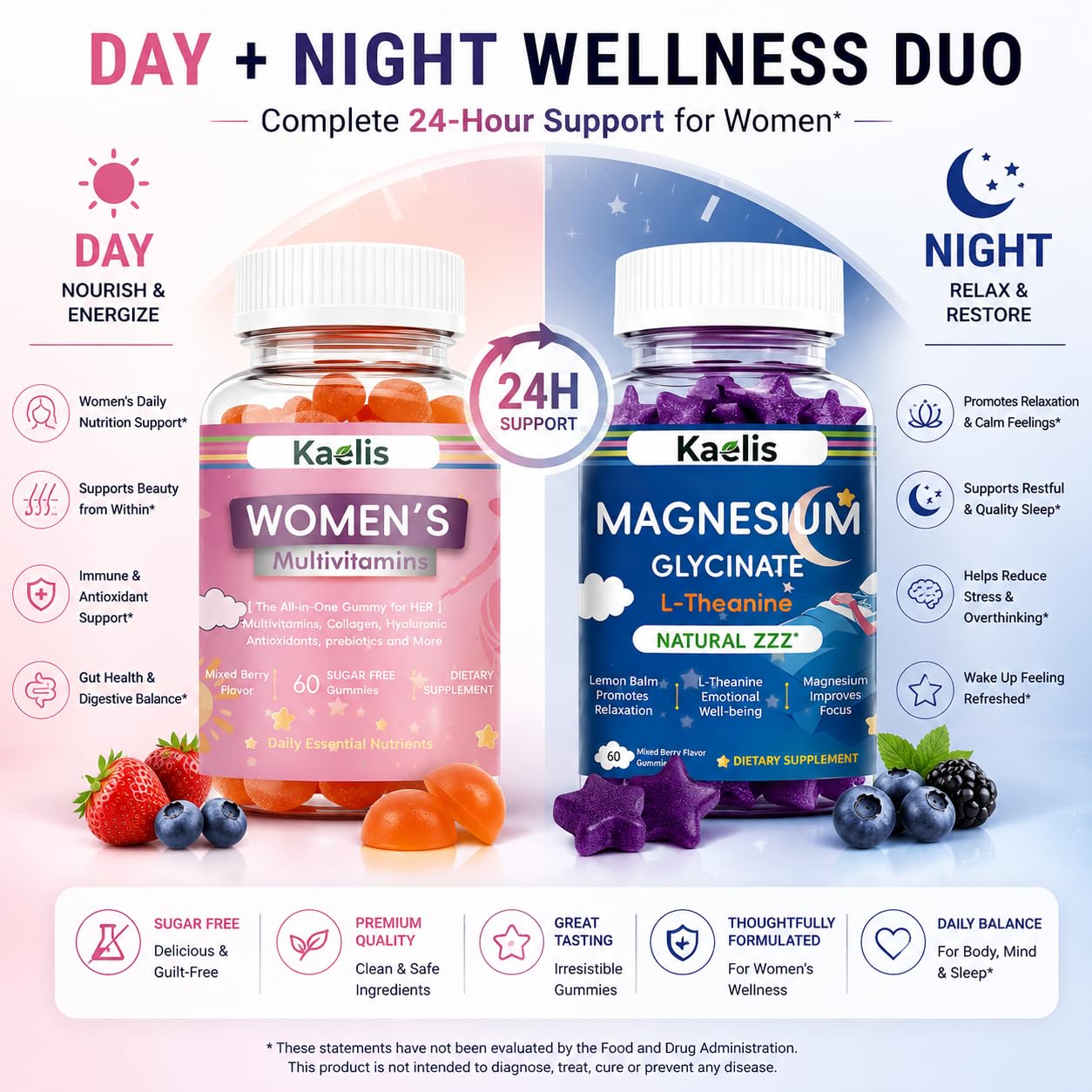 Kaelis Women's AM PM Multivitamin & Magnesium Glycinate Gummies, 120 Count