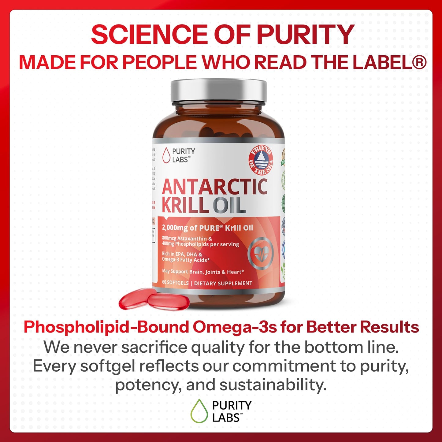 Purity Labs Antarctic Krill Oil 2000mg Omega-3 with Astaxanthin 800mcg Softgels 60