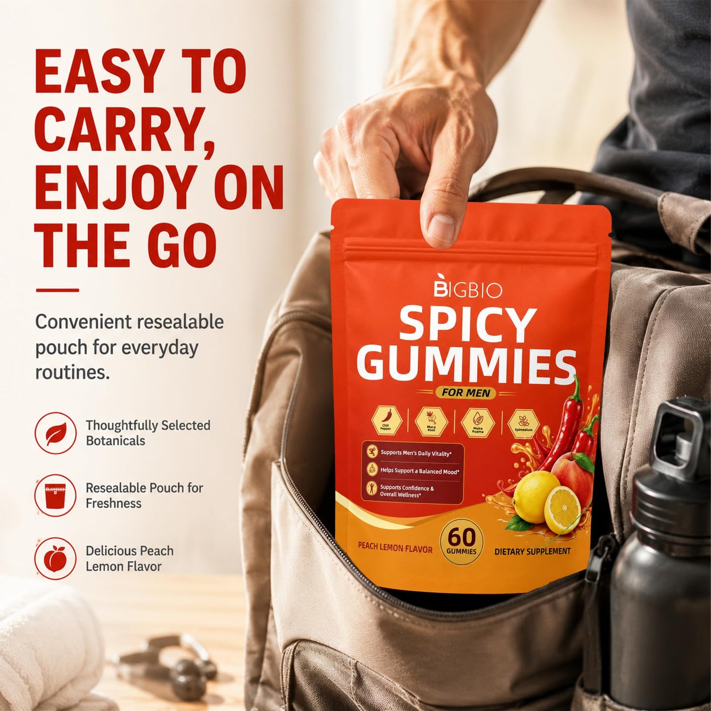 BIGBIO Spicy Gummies Cubes, Adults Hot Peach Gummy with Chili Pepper, Muira Puama, Maca Root and Epimedium, Plant-Based Daily Wellness Support, Vegan, Non-GMO, 60 Gummies