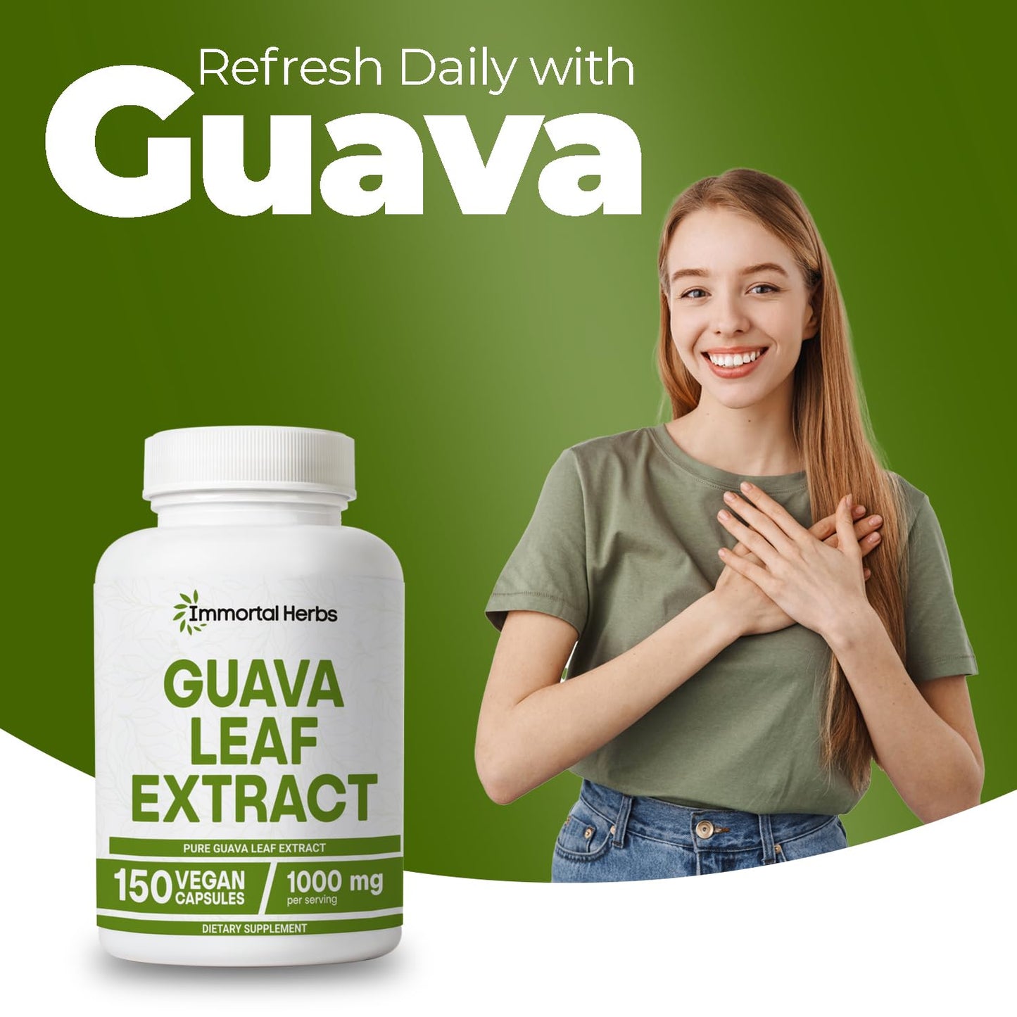 Immortal Herbs Guava Leaf Extract 1000mg 10:1 Extra Strength Capsules, 150 Count