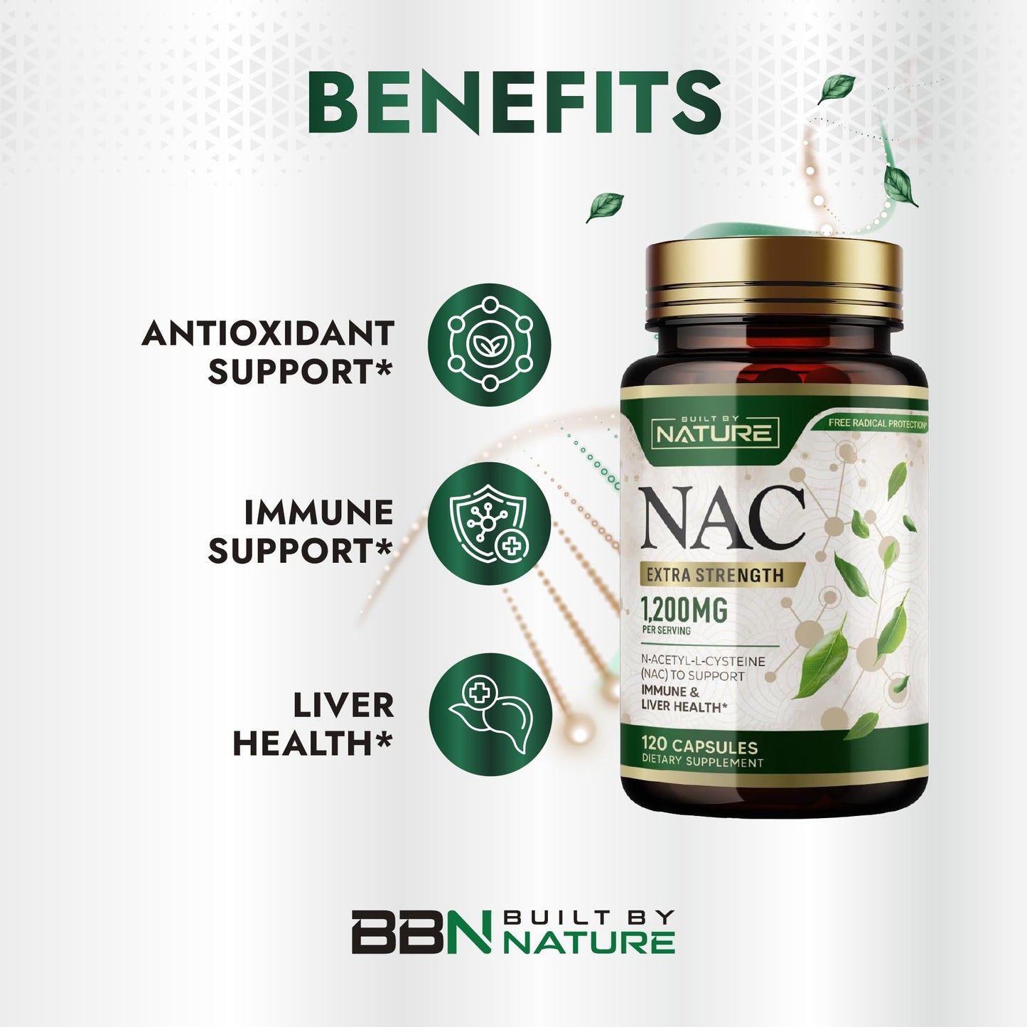 Built by Nature NAC Supplement 1200mg N-Acetyl-L-Cysteine Capsules, 120 Count